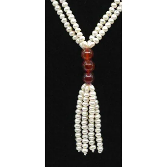 Vintage Pearl & Garnet Tassel Lariat Necklace With Elegant Multi Strand Design - Picture 2 of 5